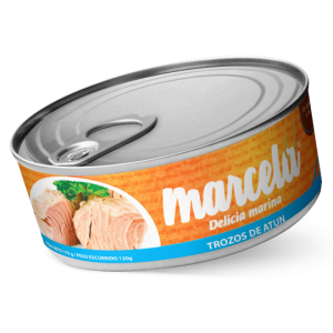 Trozos de atún en aceite vegetal, 140 gr neto y 100 gr drenado, Caja de 48 latas abre facil. Marca Marcela delicia marina.